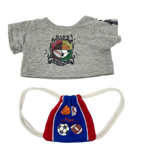Build A Bear Workshop Athletic All Star‎ Gray Shirt Drawstring Backpack Outfit